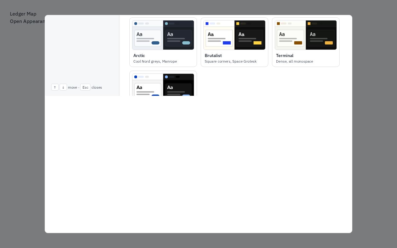 Before: the title and close button have moved above the pop-up. Theme cards occupy only the top part. A large white blank area fills the bottom.
