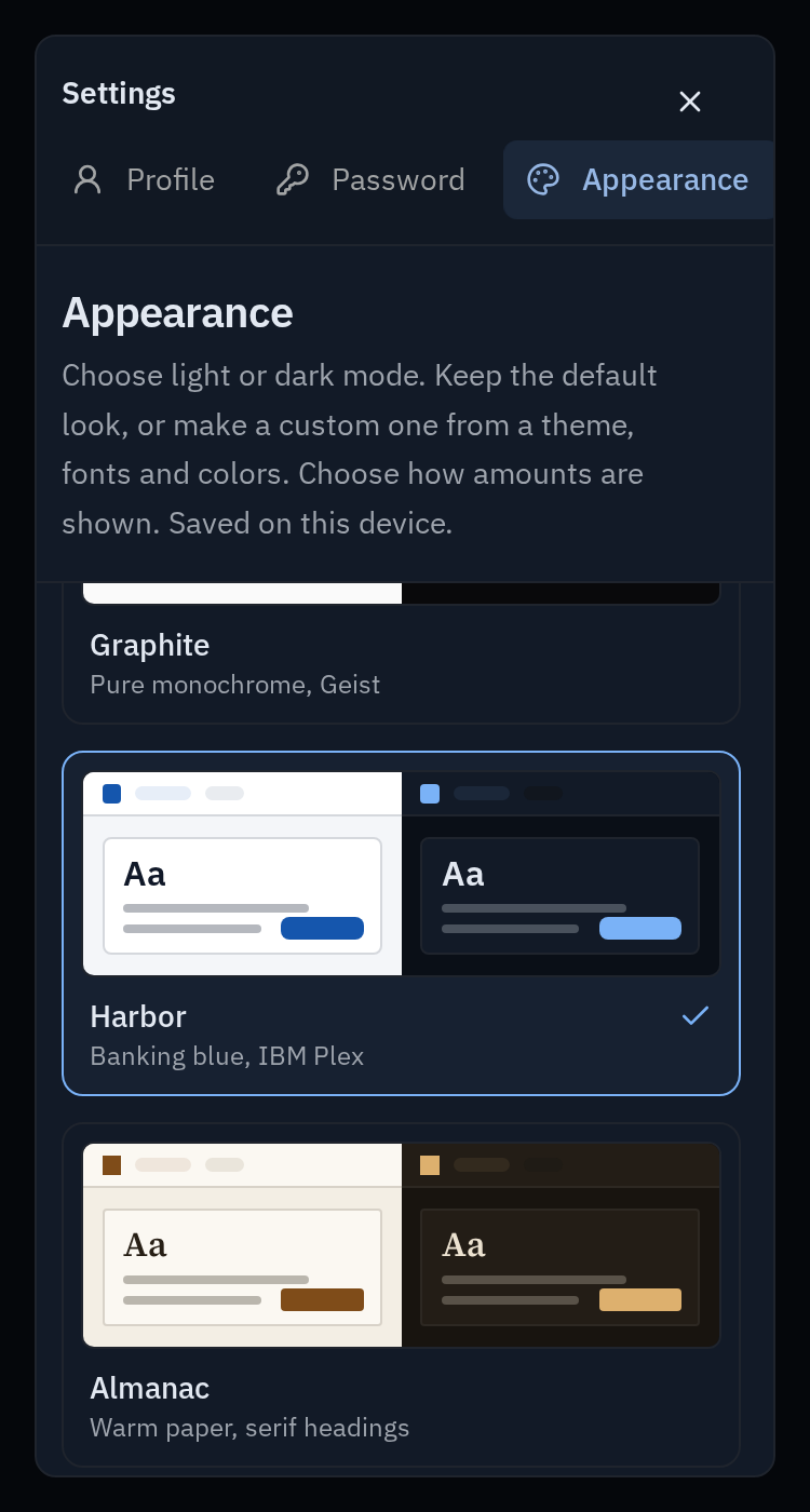 After the fix at a phone width: Harbor is selected in dark mode. The header and full scrolling area remain in place.