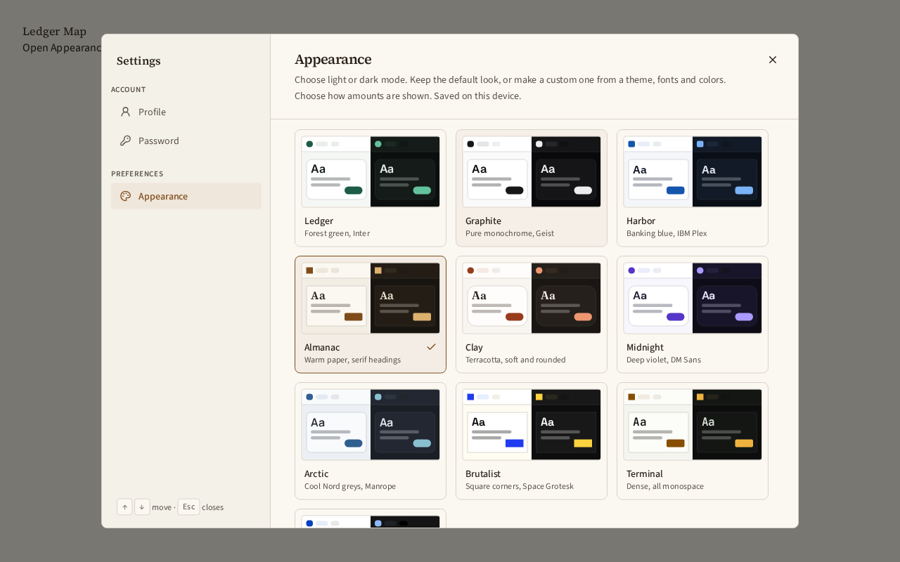 Starting point: Custom is active and the theme cards are shown before selecting Harbor.